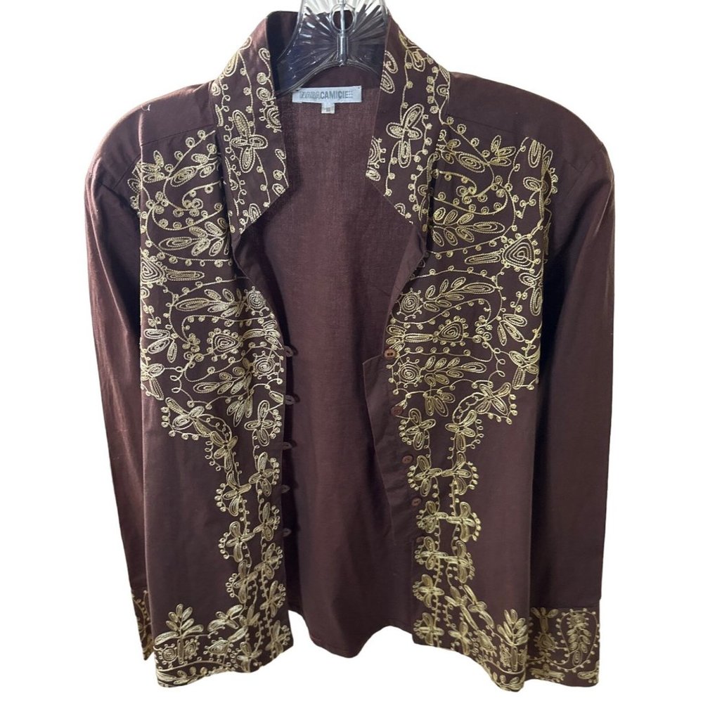 Nara Camicie Brown Gold Embroidery Long shirt